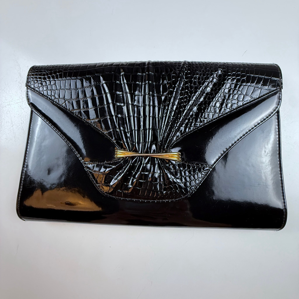 Vintage Cabrelli Canada Black Patent Leather Croc Clutch Evening Bag